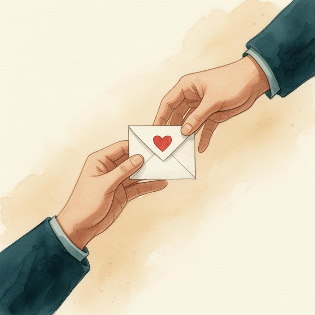 Two hands gently passing a folded note between them